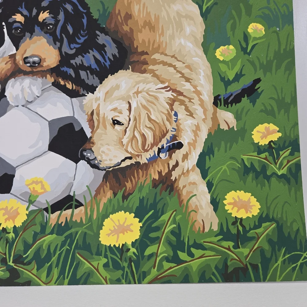 VTG Puppies and Soccer Paint By Number Finished Acrylic‎ Painting 14x20 Retriver